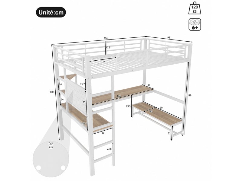  Lit mezzanine en métal, lit simple avec bureau, étagères, prise, usb et led, 90x200 cm, sans matelas, blanc  - Conforama D