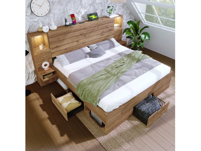  Lit double 180x200 cm avec éclairage led, usb-c, rangement et tables de chevet suspendues  - Conforama D