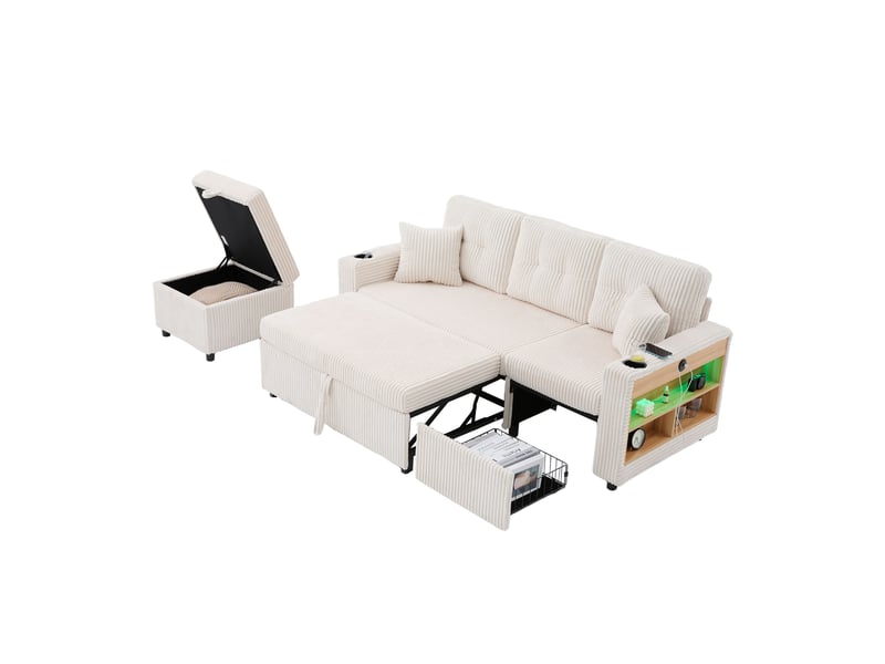  Canapé convertible velours côtelé 3 places avec rangement, lit d'appoint, led, port usb-c et porte-gobelets, 196 cm  - Conforama A