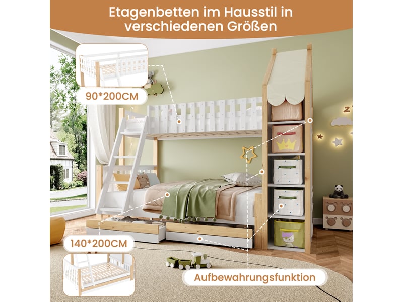  Lit superposé enfant 90x200 cm et 140x200 cm avec rangements blanc et naturel  - Conforama E