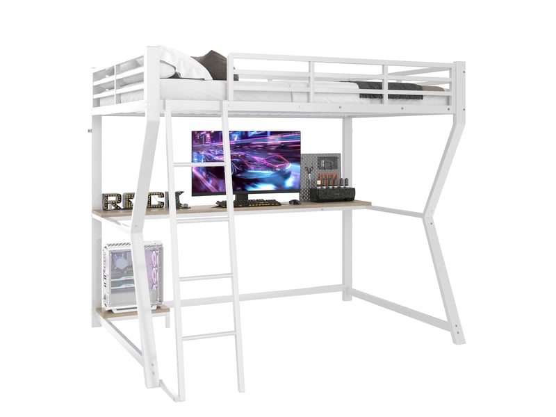 Lit mezzanine blanc 90 × 200 cm, bureau, led, prise usb et support pour console  - Conforama D