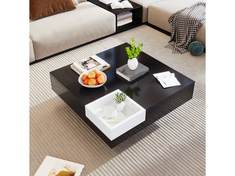  Table basse 72x72x30 cm avec éclairage led et boîte de rangement amovible, plateau carré, panneaux brillants, noir et blanc ABC - Conforama E