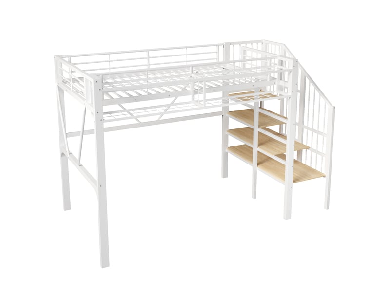  Lit mezzanine, 140 x 200 cm, en métal, avec étagère intégrée, éléments en treillis métallique, panier de rangement, espace de rangement ouvert sous le lit, éclairage led intégré, sans matelas, blanc  - Conforama E