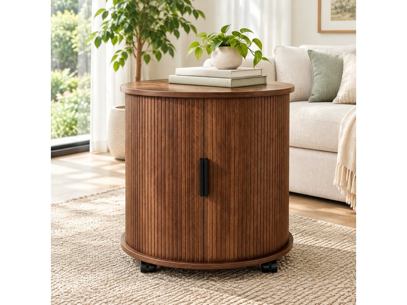  Table de chevet cylindrique avec prise secteur, 2 ports usb, porte coulissante, rangement et roulettes, effet noyer  - Conforama B