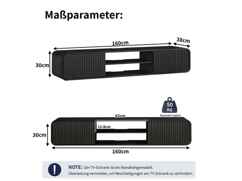 Meuble tv mural avec 2 portes, 2 niches ouvertes et passe-câbles, pour salon ou chambre, noir, 160 × 38 × 30 cm - Conforama E