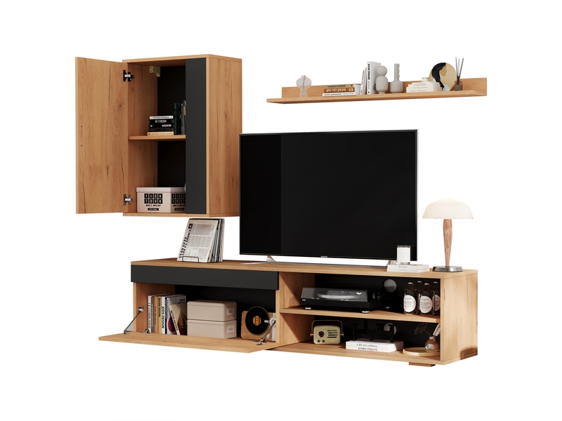  Ensemble meuble tv mural 3 pièces 140 cm bois et noir moderne avec rangements  - Conforama D