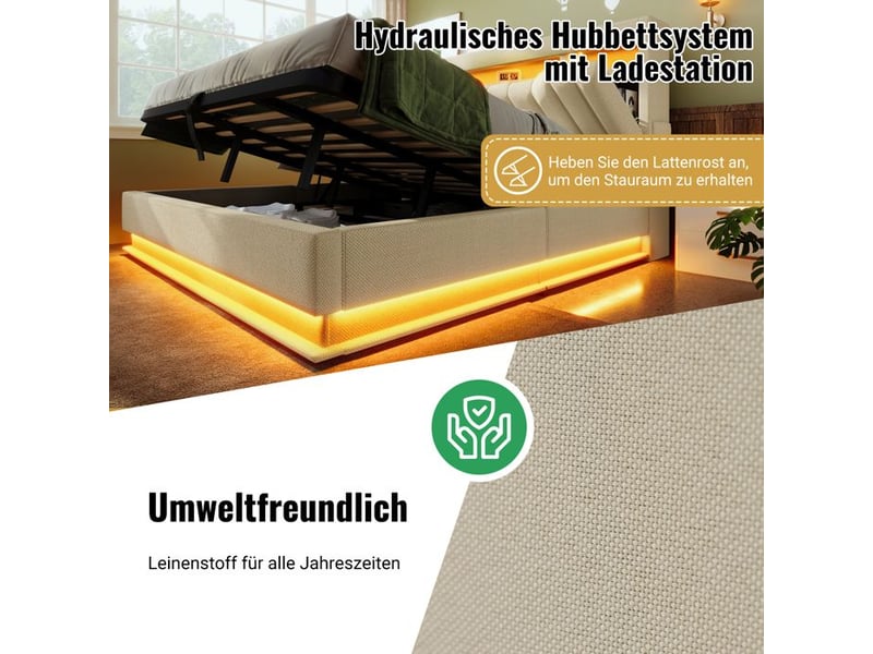  Lit rembourré - 160x200 cm - beige - éclairage led - ports usb et type-c - rangement hydraulique  - Conforama B