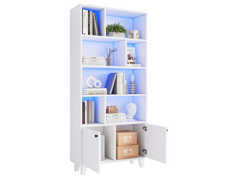  Bibliothèque 80x30x173 cm avec led, armoire de rangement, meuble de bureau, pieds en bois, 2 portes, mdf et bois, blanc  - Conforama A