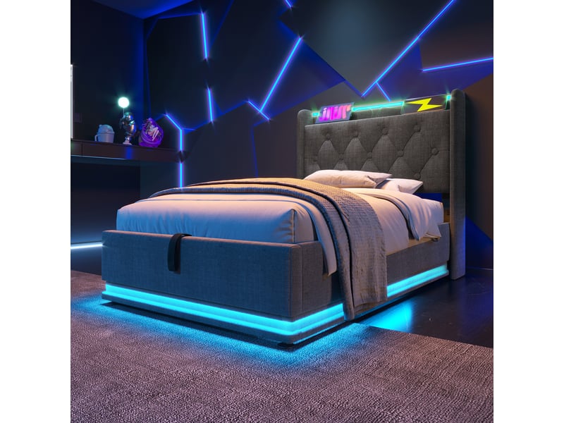  Lit simple 90x200cm, lit coffre avec led, rangement, chargement usb type-c, lin gris, matelas non inclus  - Conforama C