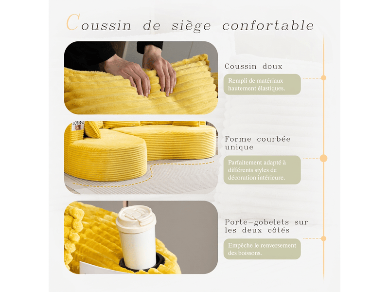  Canapé incurvé moderne avec porte-gobelets intégrés 250 x 152 x 82 cm rangement latéral  - Conforama R
