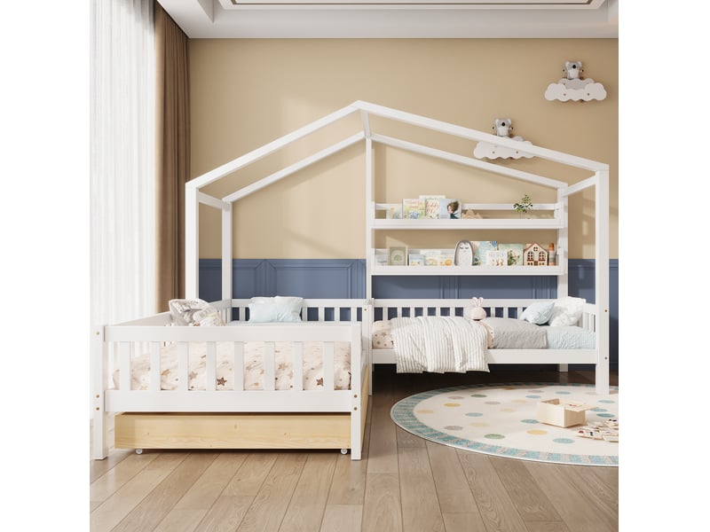  Lit enfant cabane en l 90x200 et 140x70 cm avec tiroir, étagères et sommier blanc  - Conforama C