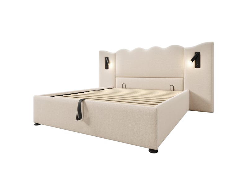 Lit coffre adulte 160x200 cm – beige – avec matelas, lampes orientables et ports usb-c de recharge intégrés - Conforama D