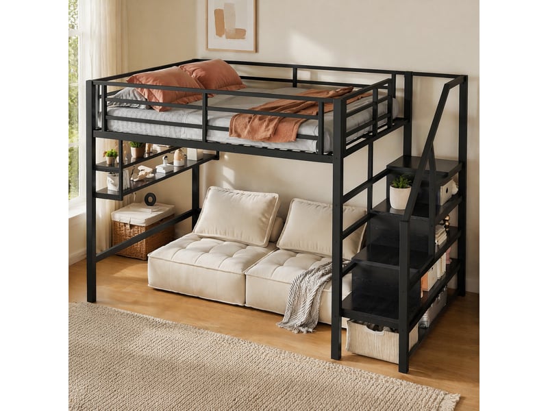  Lit mezzanine enfant 2 places 140×200 cm avec étagères, échelle de rangement et barrière  - sans matelas, métal - noir  - Conforama C