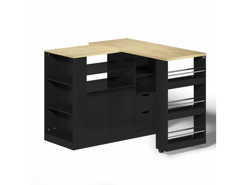  Îlot de cuisine extensible noir et bois, îlot central 115 cm avec rangements et plateau tournant pour salle à manger.  - Conforama D