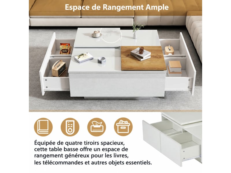  Table basse blanche carrée avec tiroirs et plateaux coulissants, 75 x 75 cm, finition brillante  - Conforama E