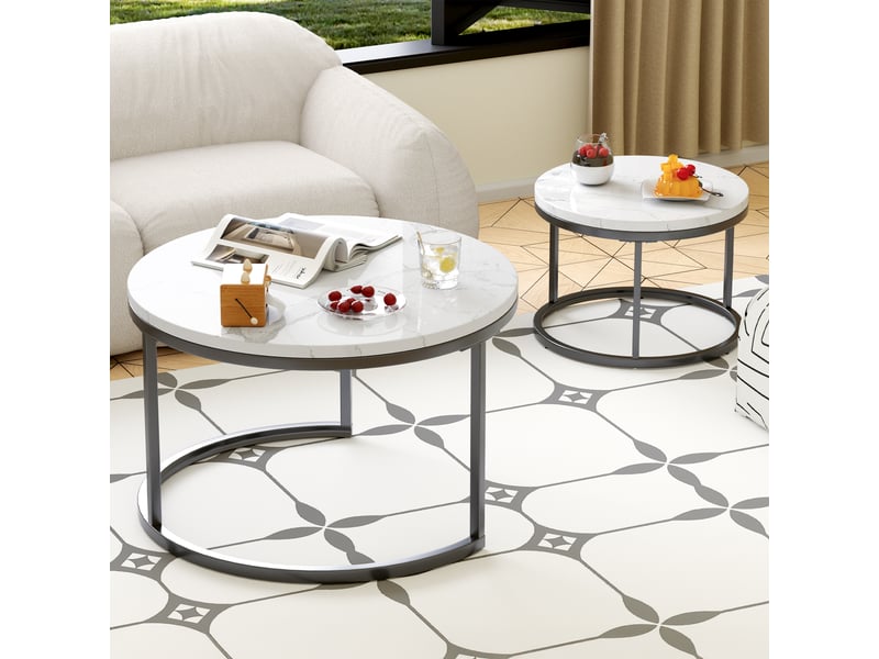  Table basse gigogne ronde 2 pièces effet marbre blanc et noir mdf métal cravdom  - Conforama D