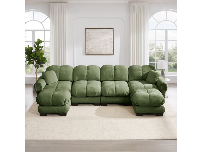  Canapé modulable 4 places 330 cm canapé droit en tissu chenille avec 2 pouf mobile, design matelassé, coussins épais, dossier ergonomique, vert Seren Glow - Conforama B