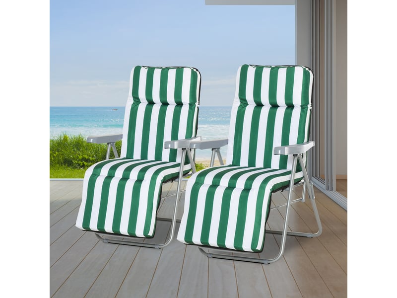  Chaises longues de jardin, lot de 2, pliables avec coussins, 60 x 75 x 102 cm, acier, vert et blanc  - Conforama C