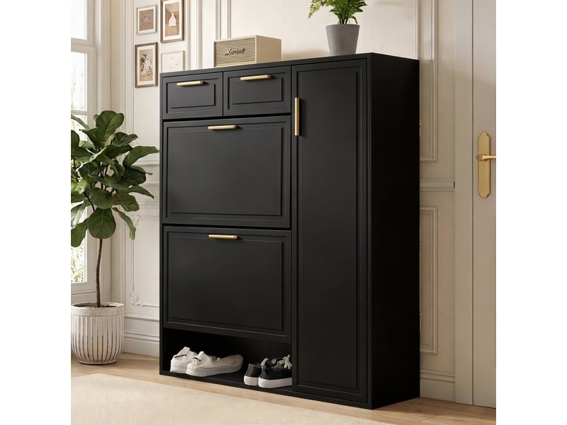 Meuble à chaussures noir 95x24x107 cm, placard avec portes rabattantes et tiroirs, étagères ajustables, structure en panneaux de particules - Conforama B