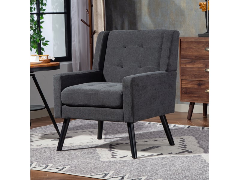 Fauteuil gris foncé avec capitonnage à boutons, coussin en mousse haute densité et pieds en bois pour petits espaces  - Conforama B