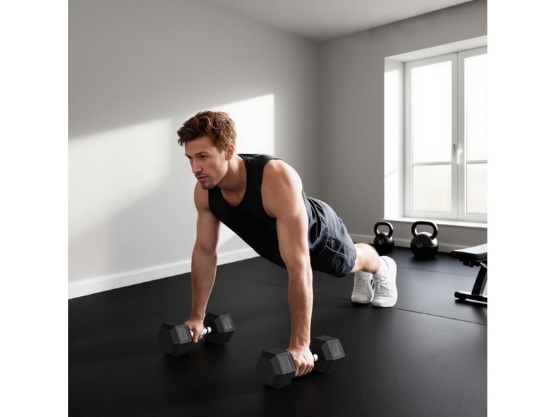  Lot de 2 haltères hexagonaux 20 kg noirs en fonte, poignée moletée, entraînement de musculation à domicile  - Conforama B