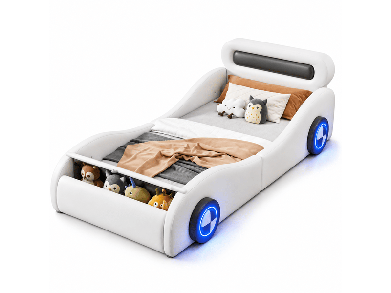  Lit enfant voiture 90x200 cm en pu, lit simple avec 4 roues lumineuses et rangement, sans matelas, blanc  - Conforama A