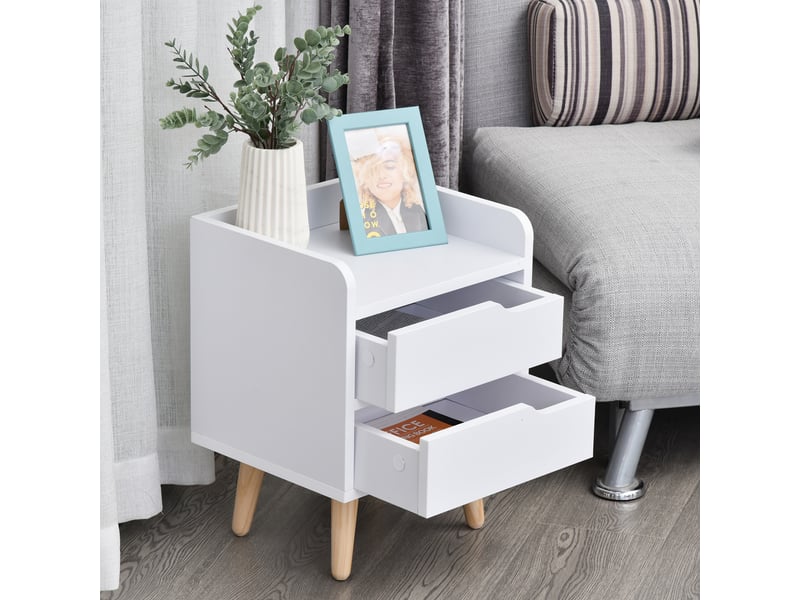  Table chevetappoint multifonction salonchambre, 2 tiroirs, pieds pin surélevés, moderne, 33x28x42 cm, blanche.  - Conforama D