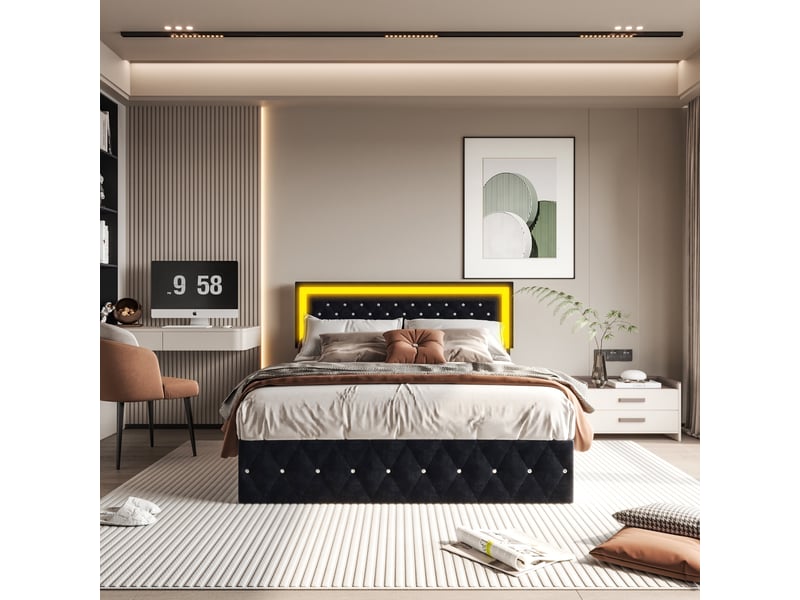  Lit coffre 160x200cm - lit double 160x200 capitonné en velours rangements avec éclairage led - noir  - Conforama C