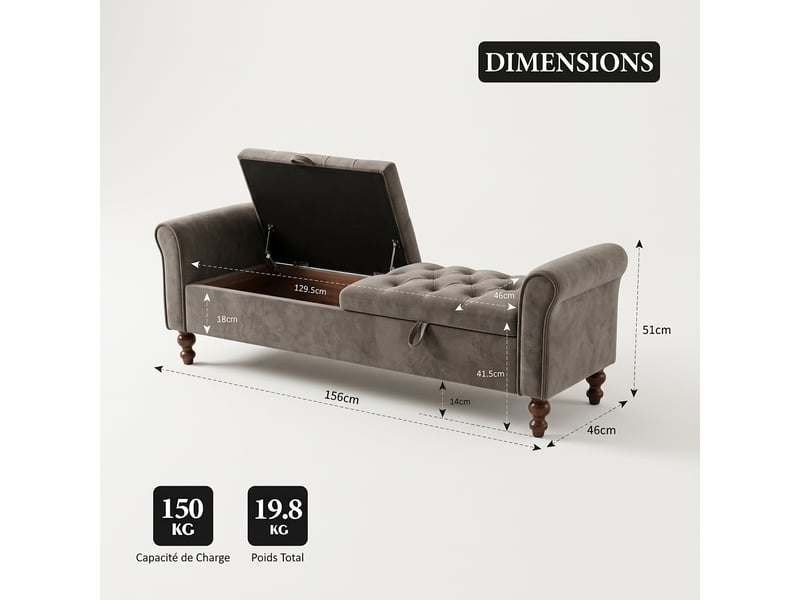  Banquette coffre beige avec rangement, tissu chenille et accoudoirs, bout de lit  - Conforama C