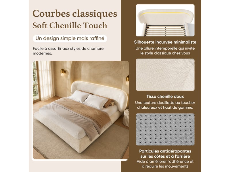  Lit 2 places 140x200 cm, tête de lit rembourrée, sommier à lattes, coins arrondis, cadre rembourré, chenille pour chambre - beige  - Conforama E