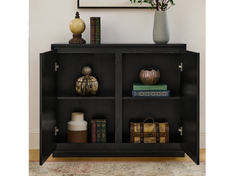  Buffet et enfilade étroit avec 2 portes rainurées en v et 2 ouvertures arrière pour salon et entrée en bois noir  - Conforama D