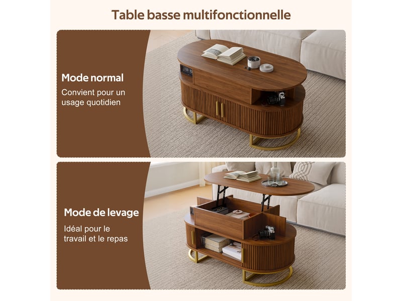 Table basse ovale relevable 100x50x64 cm avec rangement caché, 2 portes coulissantes rainurées, niche ouverte, piètement métal doré, mdf effet noyer - Conforama E