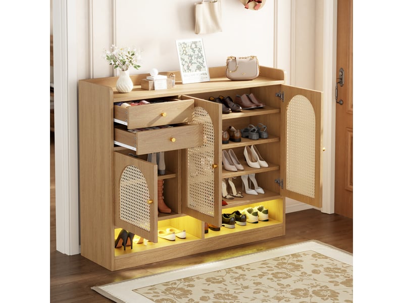  Meuble à chaussures 120x35x100 cm avec 3 portes en rotin et 2 tiroirs, led mdf couleur naturel, design simple  - Conforama E