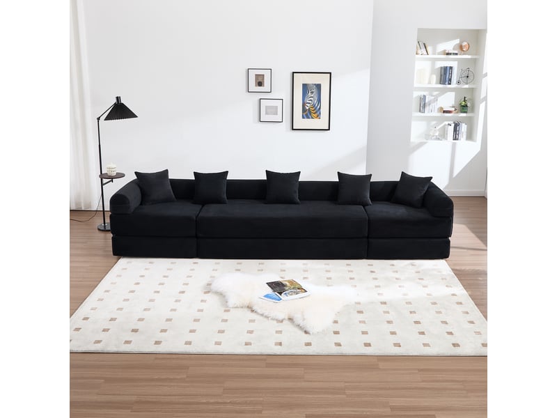 Canapé modulable noir velours côtelé avec rangement - canapé familial 270cm convertible lit d'appoint - Conforama R