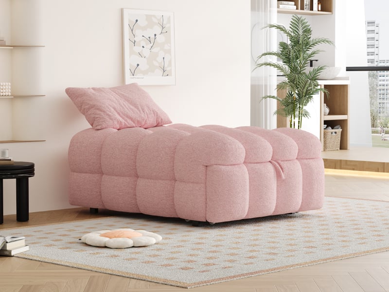  Lit gigogne 2 en 1 convertible en pouf 183 x 76 x 42 cm rose tissu teddy structure métal et bois fonction assise et couchage Sol Morn - Conforama B