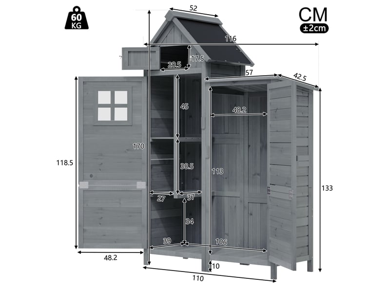 Armoire de jardin 110x52x170 cm double porte, grand espace de rangement, abri de jardin, bois de sapin, gris - Conforama C