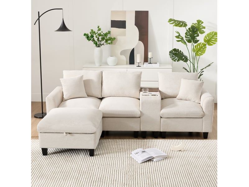  Canapé d'angle convertible modenvie 4 places 229 x 149,5 cm velours côtelé beige avec pouf coffre usb  - Conforama D