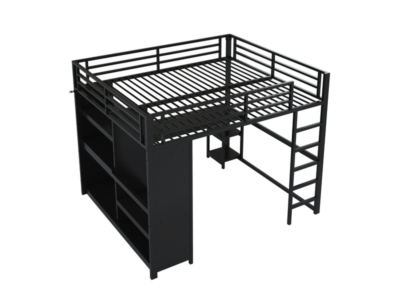  Lit mezzanine métal 160x200 cm noir avec led, bureau, dressing ouvert et étagères  - Conforama A