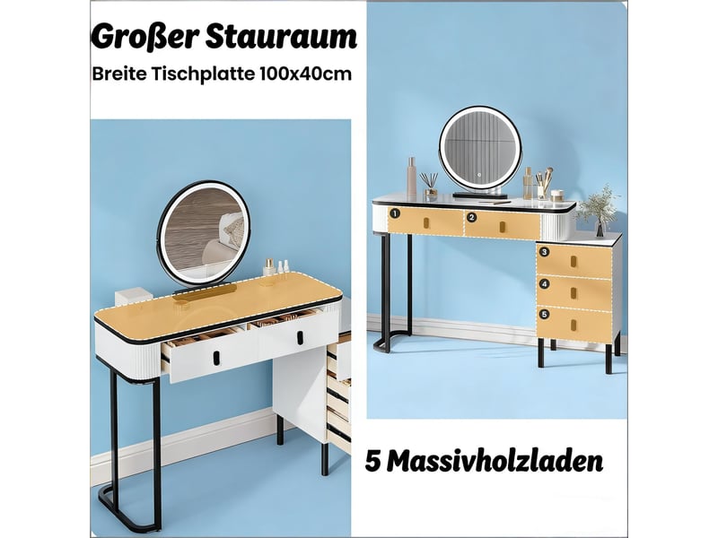  Coiffeuse avec 5 tiroirs et miroir led réglable pour chambre 100×40×125 cm en mdf noir et blanc  - Conforama C
