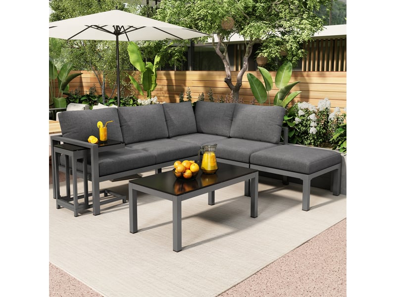  Fauteuil salon modulable ensemble 5 pièces métal gris tables coussins extérieur homvra  - Conforama B