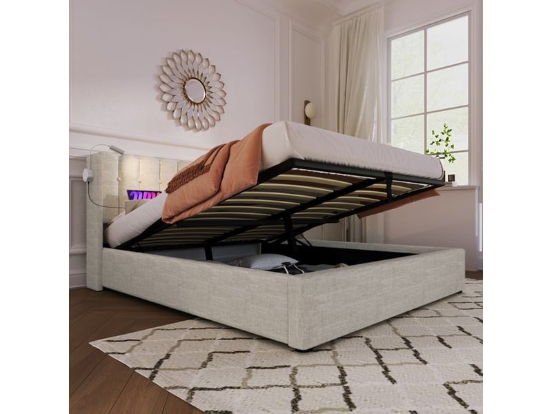  Lit double rembourré - 160x200 cm - beige - lin - lampe de lecture intégrée  - Conforama D