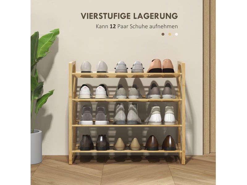  Meuble à chaussures en bambou avec 4 étagères inclinées, pour 12 paires, rangement d'entrée, 76 × 33 × 67 cm  - Conforama C