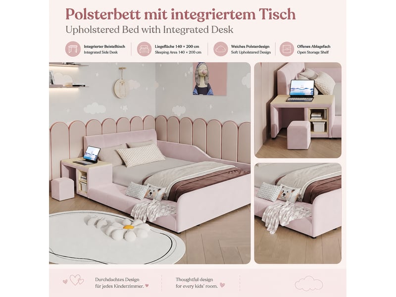  Lit enfant 140x200 cm avec bureau, tabouret et rangement en velours rose  - Conforama E