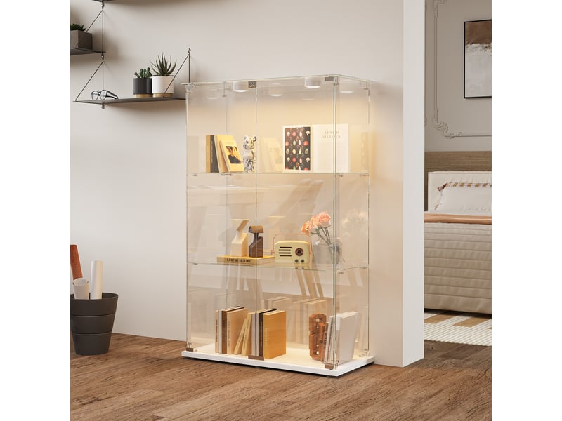 Vitrine en verre 3 niveaux double porte - blanc - 78,5 x 35 x 123,5 cm - armoire d'exposition avec éclairage led et base blanche - Conforama C