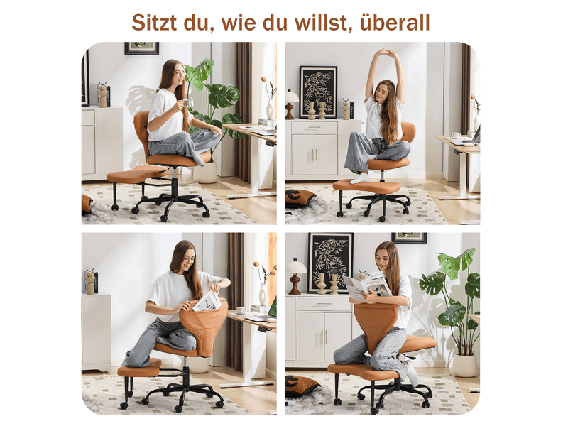  Chaise de bureau pivotante avec hauteur réglable, repose-pieds escamotable et roulettes silencieuses en similicuir orange  - Conforama D