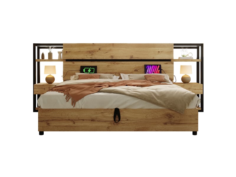  Lit double coffre hydraulique 180 x 200 cm coloris chêne avec rangement, tiroirs et ports usbtype-c  - Conforama A