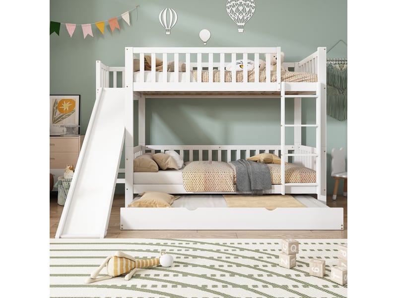  Lit superposé enfant 90x200cm avec toboggan, lit gigogne gain de place et étagères, pin massif et mdf, blanc  - Conforama C