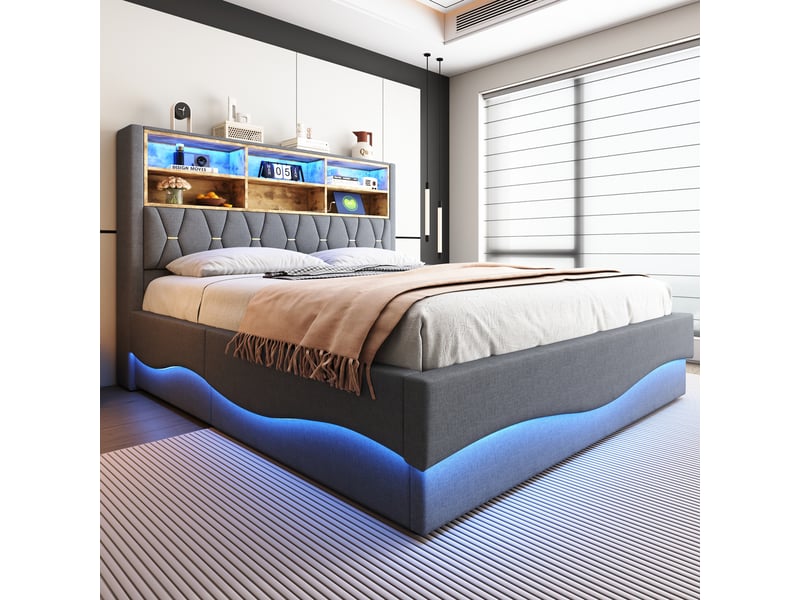  Lit coffre 180x200 cm gris tissu avec led pilotée par application, ports usb et relevage hydraulique, sans matelas  - Conforama B