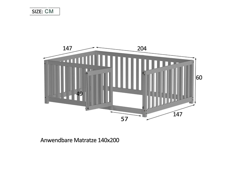  Lit enfant 140x200 cm, lit au sol, garde-corps, style minimaliste, bois gris, sans sommier ni matelas  - Conforama C