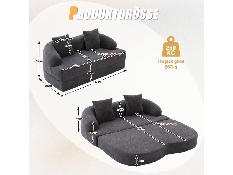  Canapé convertible 2 places en tissu gris foncé, 2 coussins, dépliable pour salon et chambre d'amis  - Conforama C